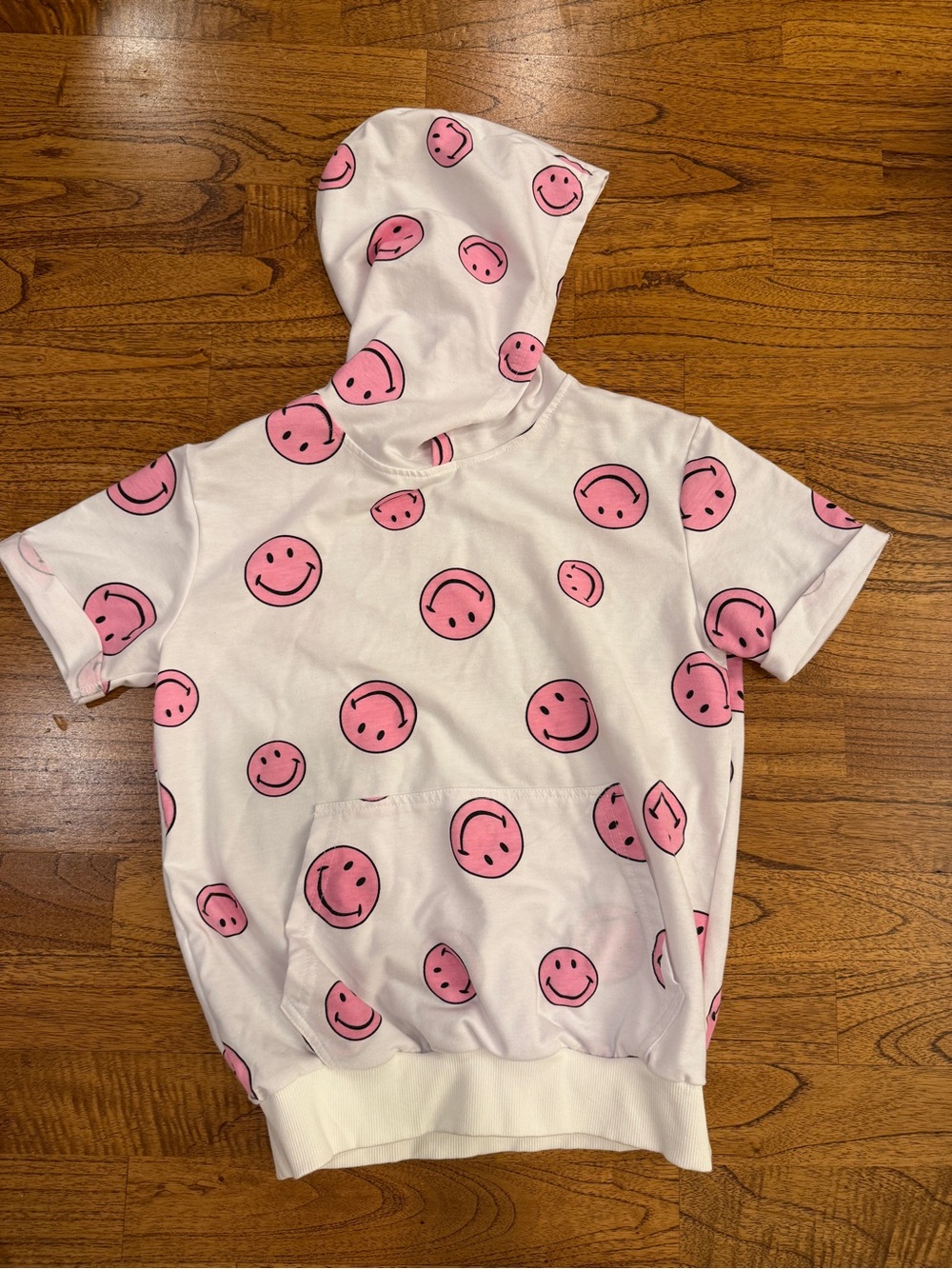 Lola + The Boys White Short-Sleeve Hoodie with Pink Smiley Print